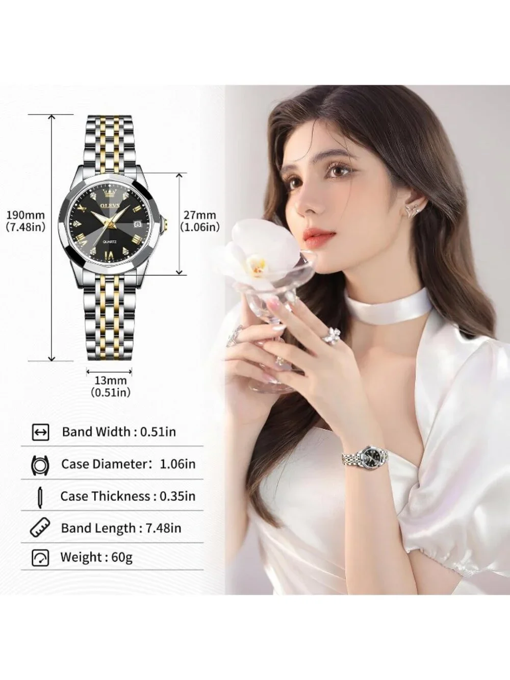 Womens Black Dial Diamond Silver Stainless Steel Waterproof Elegant Luxury Watch